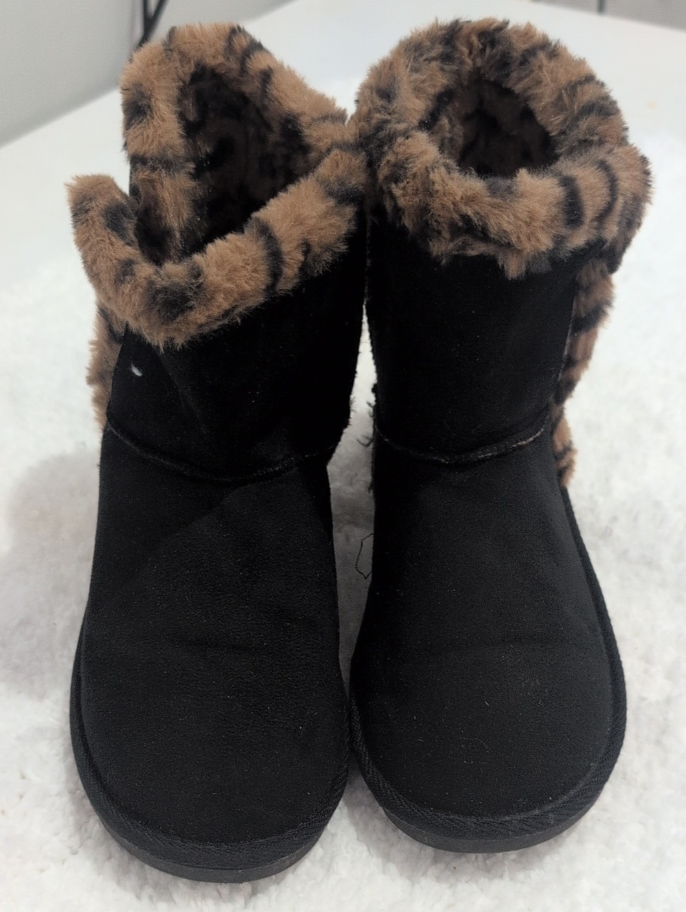Serra Black Kids Winter Boots with Brown Leopard Faux Fur Trim